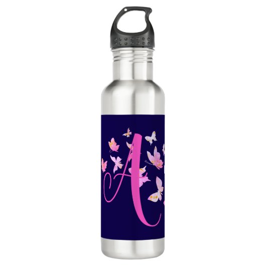 Monogram Butterfly Blue Pink Edelstahlflasche (Vorderseite)