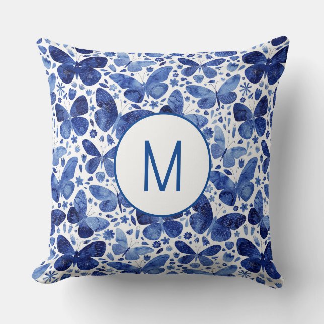 Monogram Butterfly Watercolor Blue Kissen (Vorderseite)