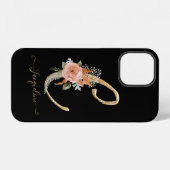 Monogram C Gold Script Black BOHO Pink Floral Leaa iPhone Hülle (Rückseite (Horizontal))