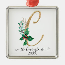 Monogram C Holly Christmas Gold Glitter Familie Ornament Aus Metall