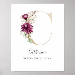 Monogram C Pink White Floral Gold Letter Kinderzim Poster