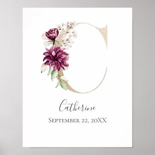 Monogram C Pink White Floral Gold Letter Kinderzim Poster (Vorne)