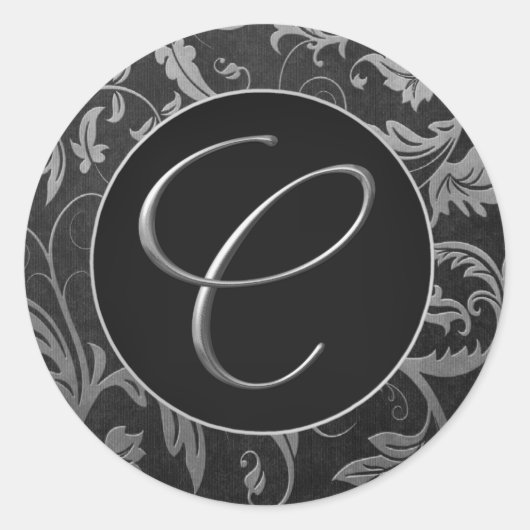 Monogram C Silver and Black Damask Wedding Siegel Runder Aufkleber (Vorderseite)
