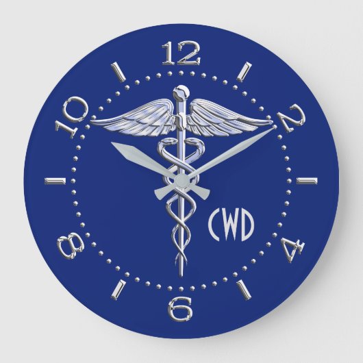 Monogram Caduceus Medical Symbol on Blue Große Wanduhr (Vorderseite)