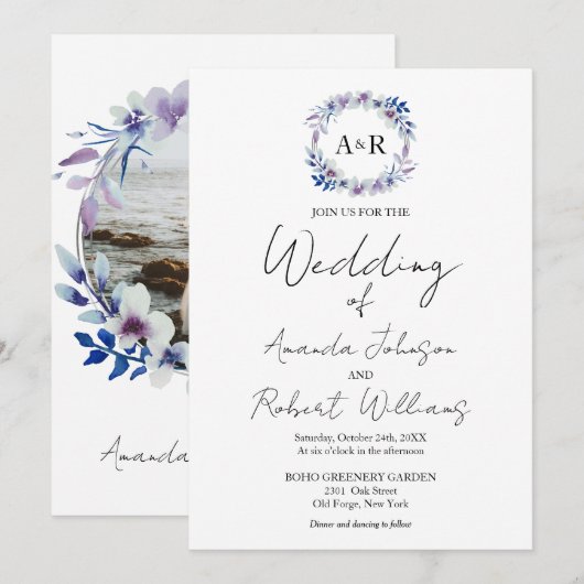 Monogram Calligraphy Foto Wedding Einladung (Vorne/Hinten)