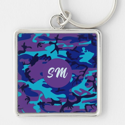 Monogram Camouflage Dark Blue & Lila Pattern Schlüsselanhänger (Vorne)