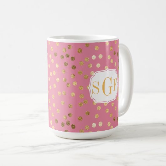 Monogram Candy Pink Gold Glitzer Dot Muster Kaffeetasse (VorderseiteRechts)