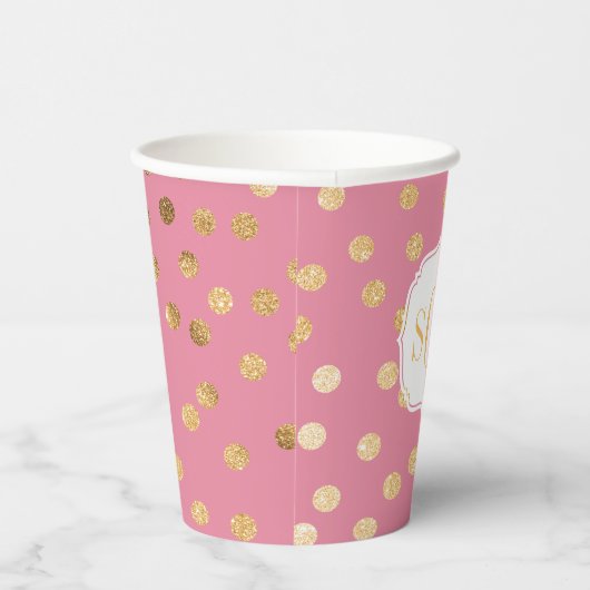 Monogram Candy Pink Gold Glitzer Dot Muster Pappbecher (Rechts)