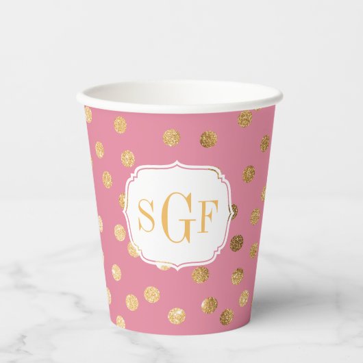 Monogram Candy Pink Gold Glitzer Dot Muster Pappbecher (Vorderseite)