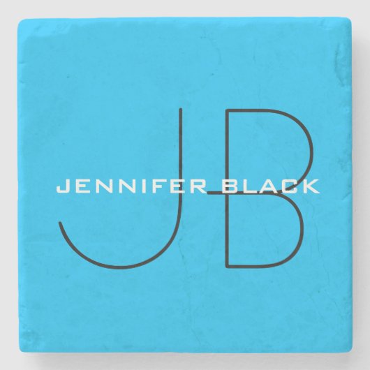 Monogram Capri Blue Minimalistisch Modern Name Steinuntersetzer (Vorderseite)