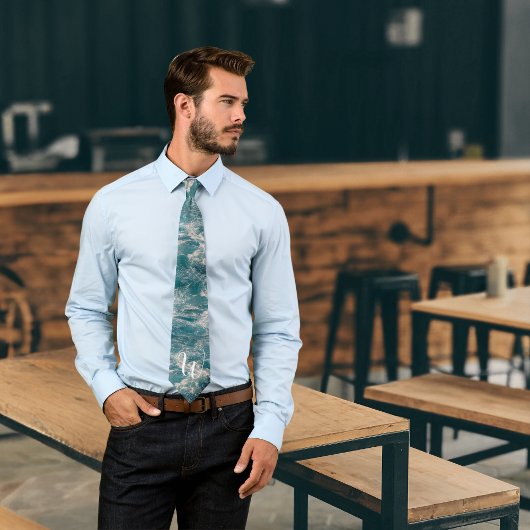 Monogram Caribbean Seascape Blue White Wave Wappen Krawatte