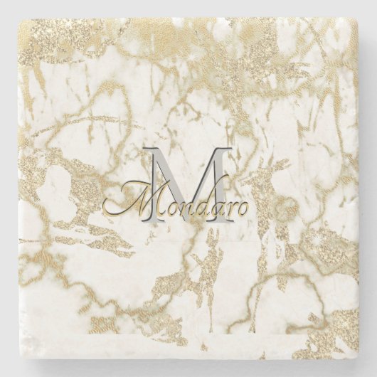 Monogram Carrera Marble Metallic Gold Glitzer Gemi Steinuntersetzer (Vorderseite)