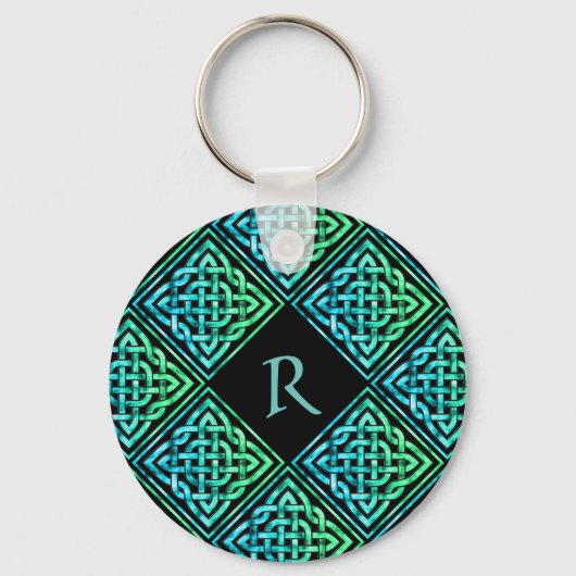 Monogram Celtic Knot Blue Green Round Schlüsselanh Schlüsselanhänger (Vorderseite)