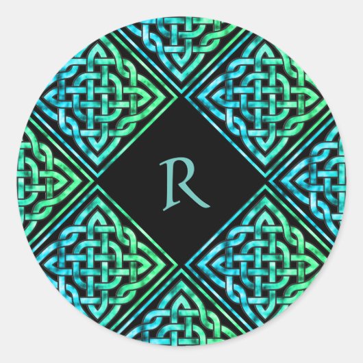Monogram Celtic Knot Blue Green Runder Aufkleber (Vorderseite)