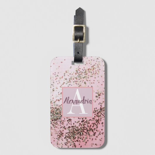 Monogram Champagne Pink Confetti   Gepäckanhänger (Vorderseite Vertikal)