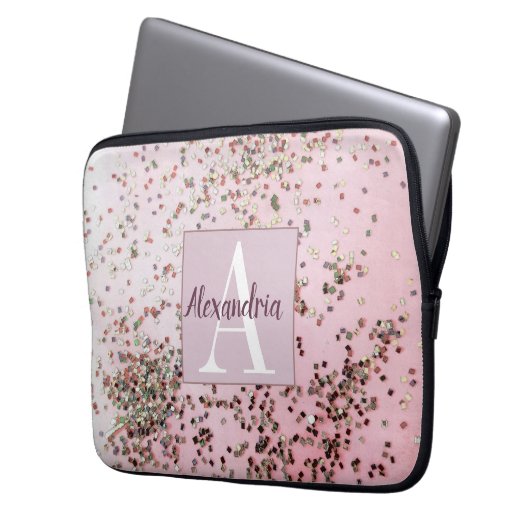 Monogram Champagne Pink Confetti Laptopschutzhülle (Vorderseite Links)