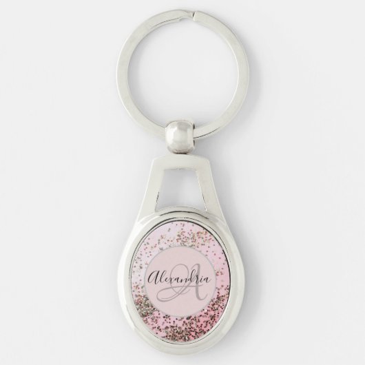 Monogram Champagne Pink Confetti Personalisiert Schlüsselanhänger (Vorderseite)