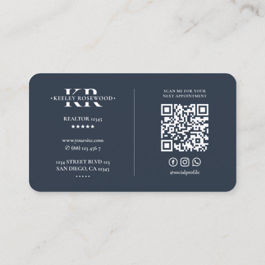 Monogram Charcoal Blue Modern Simple Initial Visitenkarte (Rückseite)