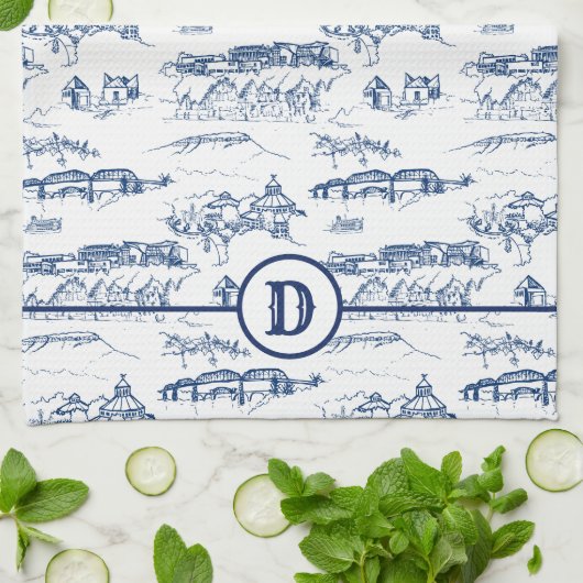 Monogram Chattanooga Toile Blue Geschirrtuch (Gefaltet)