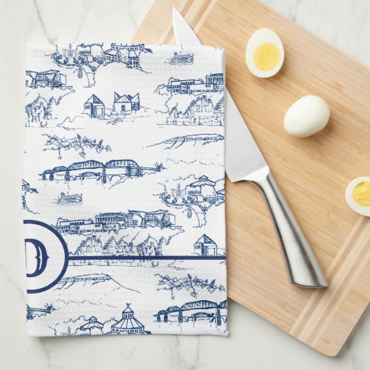 Monogram Chattanooga Toile Blue Geschirrtuch (Viertel Falte)
