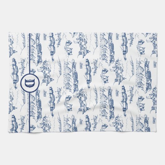 Monogram Chattanooga Toile Blue Geschirrtuch (Horizontal)