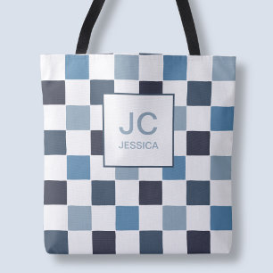 Monogram Checkered Blue Modern Simple Initals Chic Tasche