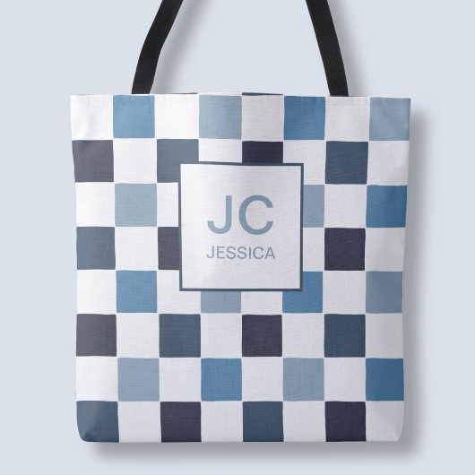 Monogram Checkered Blue Modern Simple Initals Chic Tasche