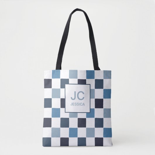 Monogram Checkered Blue Modern Simple Initals Chic Tasche (Vorderseite)