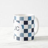Monogram Checkered Blue White Modern Simple Kaffeetasse (VorderseiteRechts)