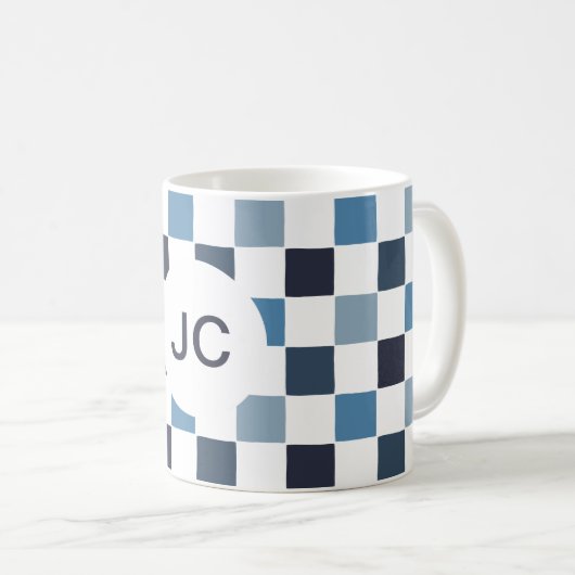 Monogram Checkered Blue White Modern Simple Kaffeetasse (VorderseiteRechts)