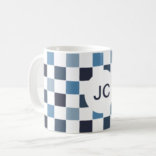 Monogram Checkered Blue White Modern Simple Kaffeetasse (Vorderseite Links)