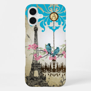 Monogram Cherry Blossom Bird Effiel Tower Paris iPhone 16 Plus Hülle