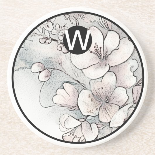 Monogram Cherry Blossom Sandstone Untersetzer (Vorne)