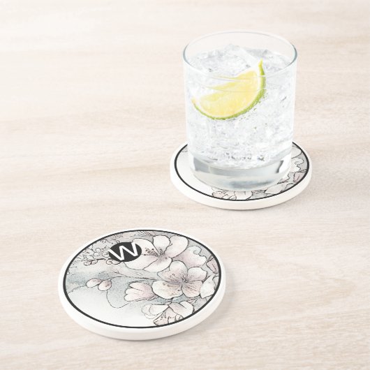 Monogram Cherry Blossom Sandstone Untersetzer (Seite)