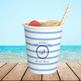 Monogram Chic Blue Stripes Family Beach House Pappbecher