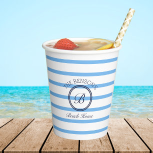 Monogram Chic Blue Stripes Family Beach House Pappbecher