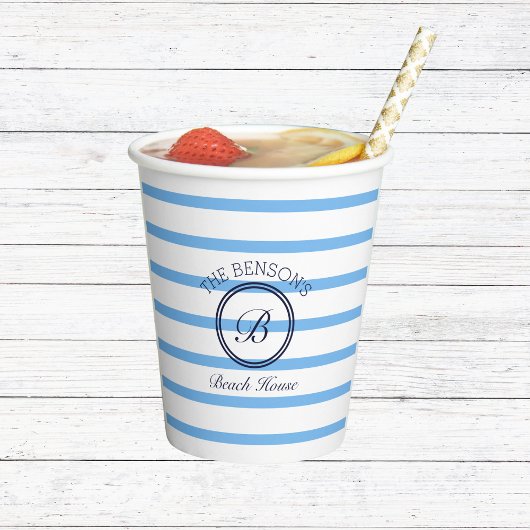 Monogram Chic Blue Stripes Family Beach House Pappbecher