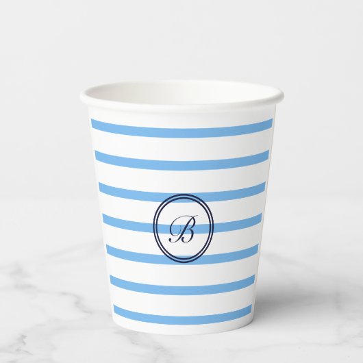 Monogram Chic Blue Stripes Family Beach House Pappbecher (Rückseite)