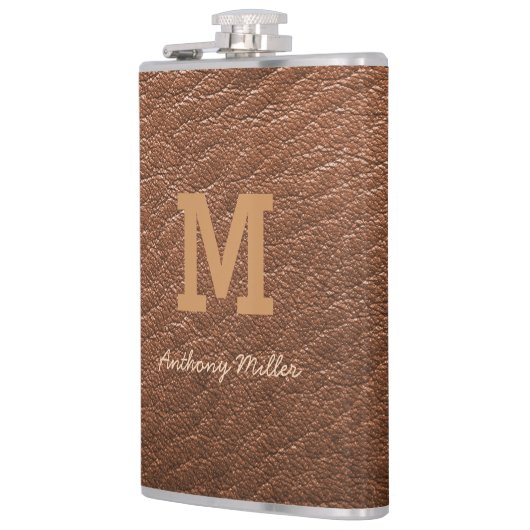 Monogram Chic Brown Leather Name Script Modern Flachmann (Links)
