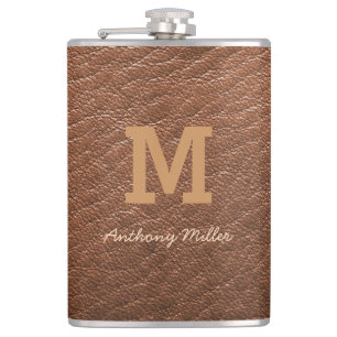 Monogram Chic Brown Leather Name Script Modern Flachmann