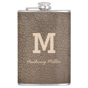 Monogram Chic Brown Leather Name Script Modern Flachmann