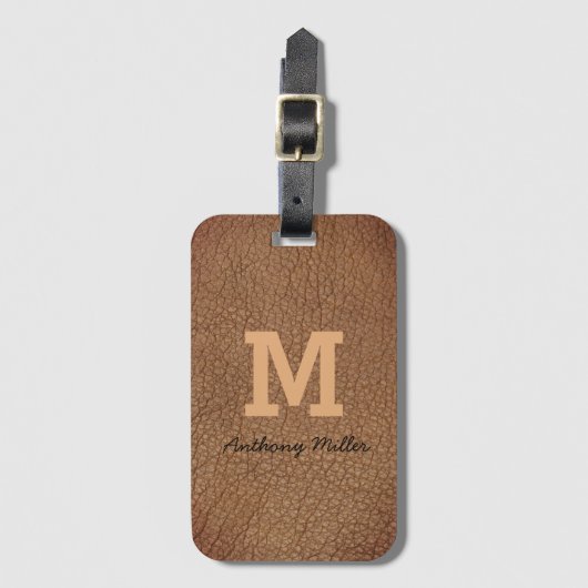 Monogram Chic Brown Leather Name Script Modern Gepäckanhänger (Vorderseite Vertikal)