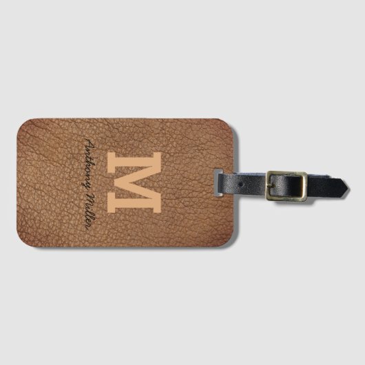 Monogram Chic Brown Leather Name Script Modern Gepäckanhänger (Vorderseite (Horizontal))