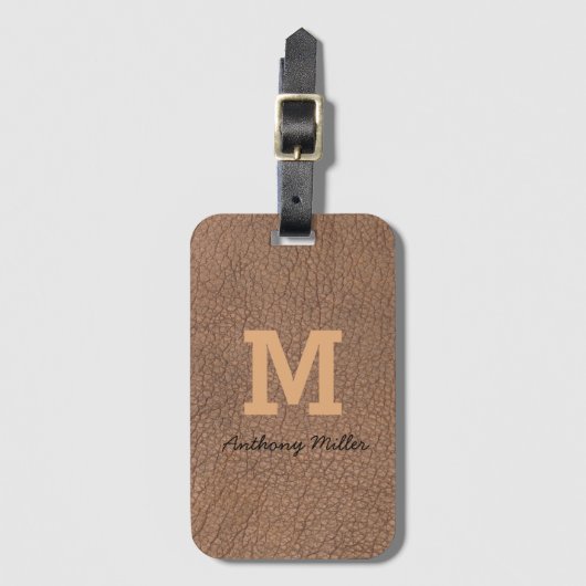 Monogram Chic Brown Leather Name Script Modern Gepäckanhänger (Vorderseite Vertikal)