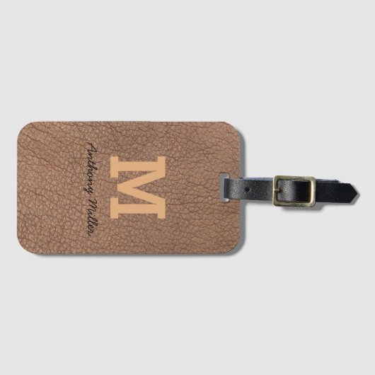 Monogram Chic Brown Leather Name Script Modern Gepäckanhänger (Vorderseite (Horizontal))