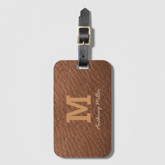 Monogram Chic Brown Leather Name Script Modern Gepäckanhänger (Vorderseite Vertikal)