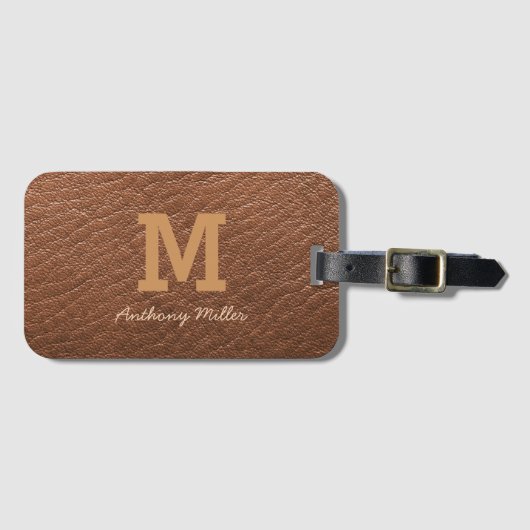Monogram Chic Brown Leather Name Script Modern Gepäckanhänger (Vorderseite (Horizontal))