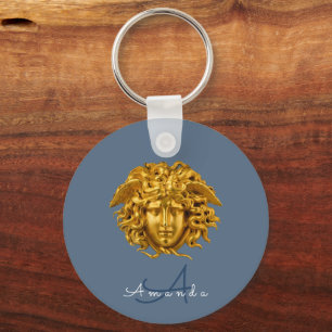 Monogram Chic Couture Gold Medusa Mask Schieferbla Schlüsselanhänger