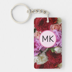 Monogram Chic Floral Pink and Red Blume Schlüsselanhänger