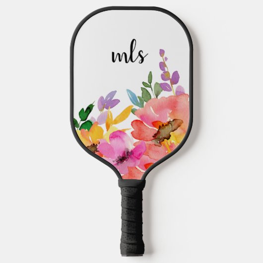 Monogram Chic Pink Trendfarbe Aquarell Floral Pickleball Schläger (Vorderseite)